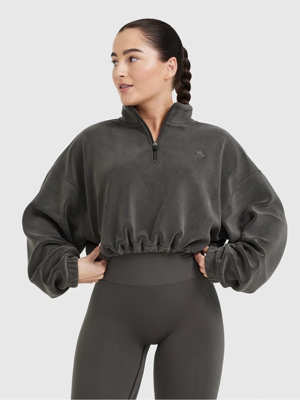 Oner Active Fleece Oversized Crop 1/2 Zip Sweatshirt - Deep Taupe size M